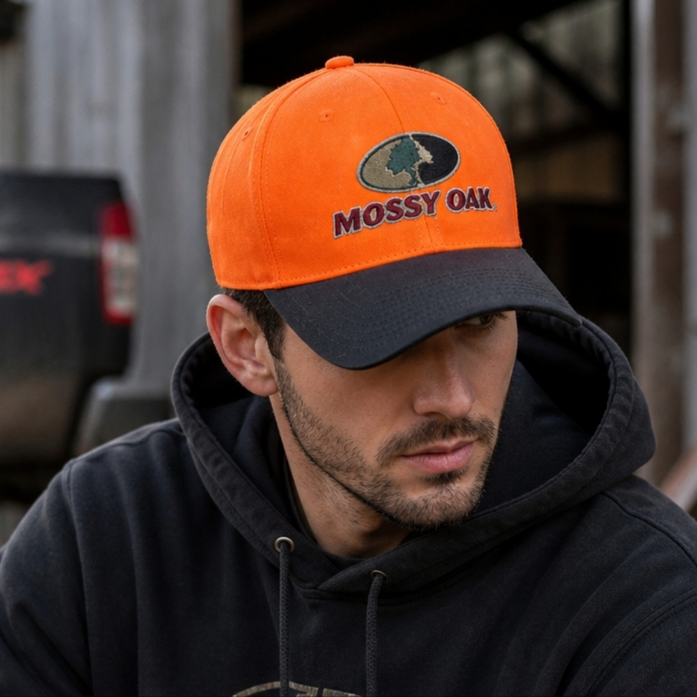 Mossy Oak Blaze Orange Black Cap Hat One Size Hunting Outdoor Adjustable Logo